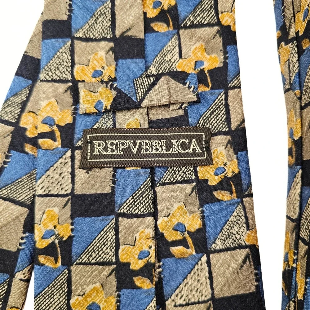 Repvbblica Men's Geometric Floral Necktie - Blue, Brown, Yellow -‎ Professional